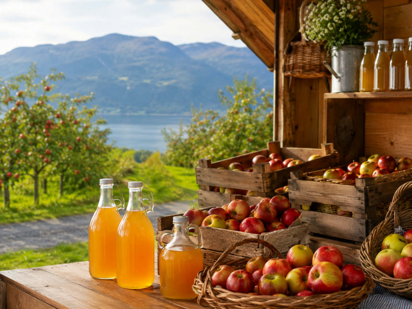 Gardsutsal med eplekasser og flasker med sider, Hardangerfjorden bak