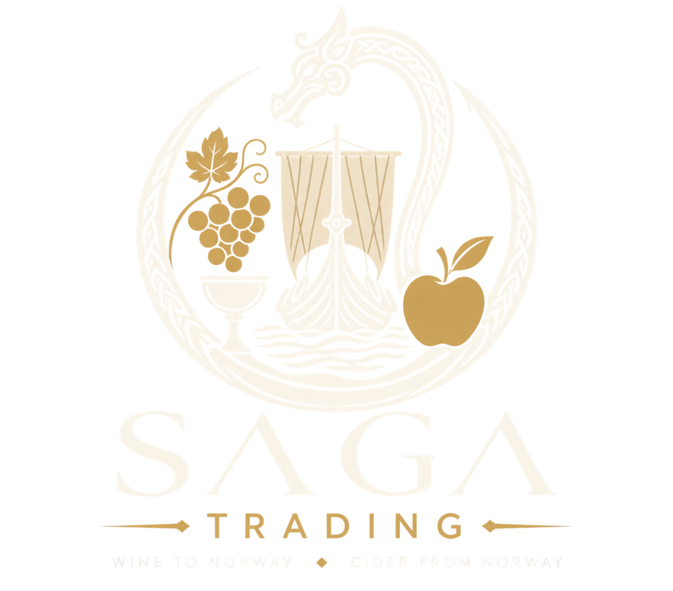 Saga Trading – logo med drakeskip, druer og eple